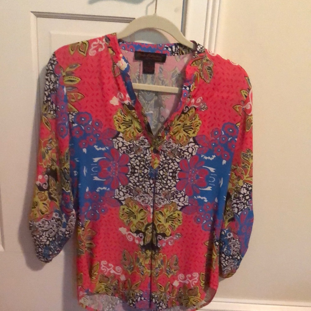 Orange and Pink Graphic Blouse with 3/4 Sleeves and Mandarin Collar